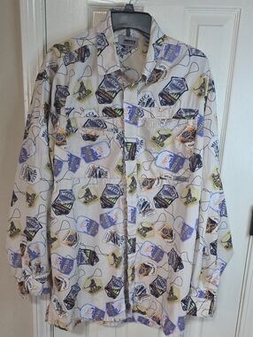 Vintage! mecca White Lightweight Printed Button-Up Shirt with Multicolor Labels